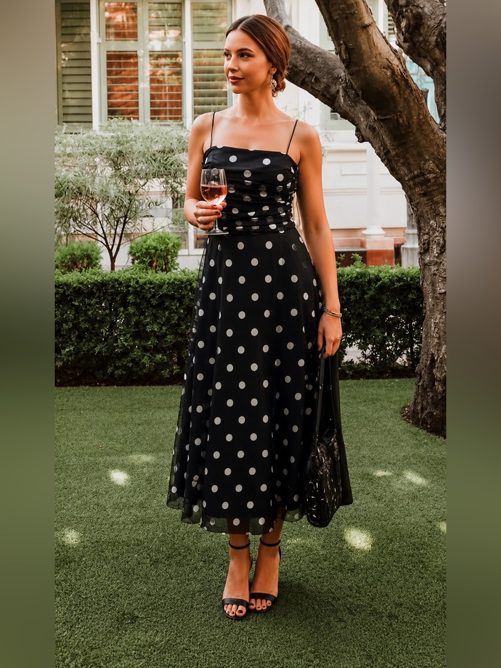 Eliza J Black White Polka Dot Mesh Cocktail Dress 14P Ruched Strapless Midi
